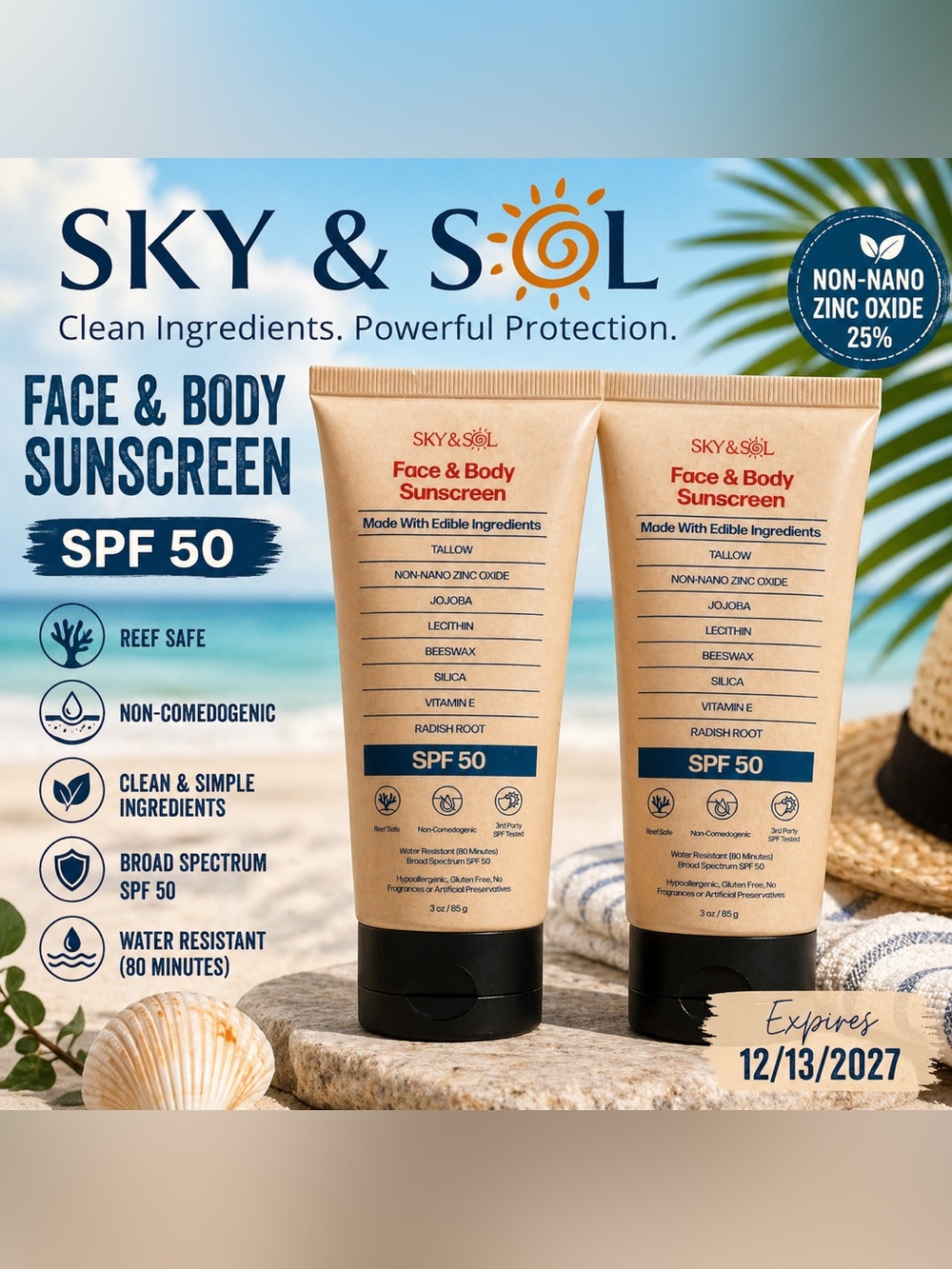 Sky & Sol SPF 50 Sunscreen 2 Pack Face Body Clean Mineral Zinc - Picture 1 of 7